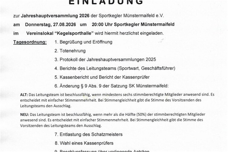 Einladung JHV Sportkegler Münstermaifeld  2026