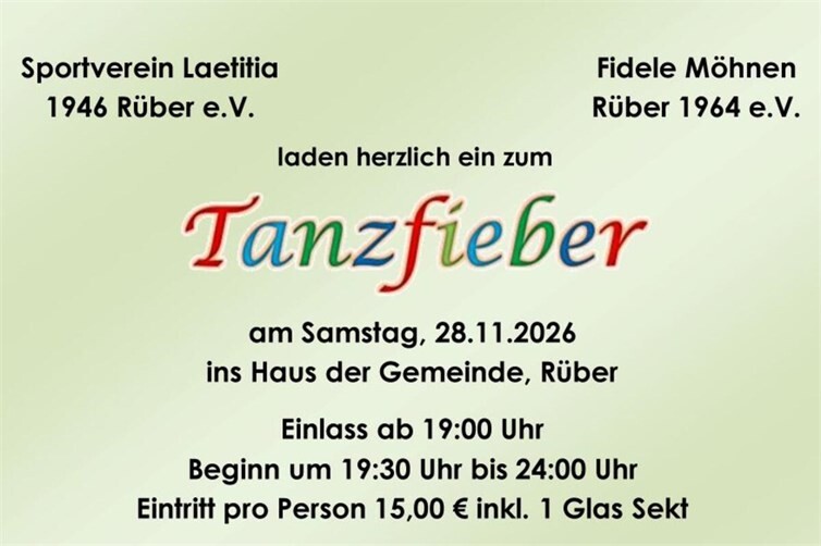 Einladungsflyer Tanzfieberabend  SV Rüber/ Fidele Möhnen Rüber 2026