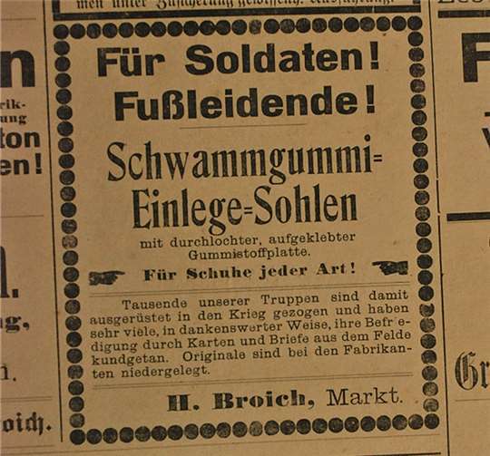 Einlegesohlen mit Schwammgummi hatten sich an der Front als Mittel gegen Fußleiden erwiesen. Originale konnte man seinerzeit auch fernab der Front kaufen.