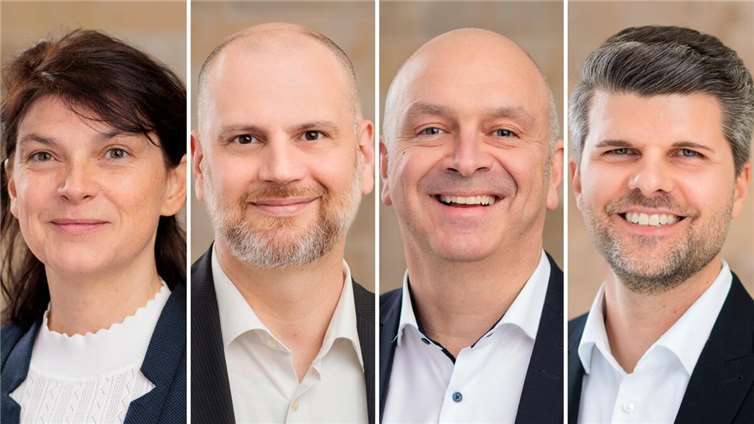 Ende Juli wird Silvia Kühlem ihre Tätigkeit als CFO der Marienhaus-Gruppe beenden. Ihre Aufgaben wird Alexander Schuhler (2. von rechts) übernehmen. Unterstützt wird er dabei von Sebastian Schmeier (2. von links) sowie Daniel Blaufuß (rechts).  Foto: Joachim Gies