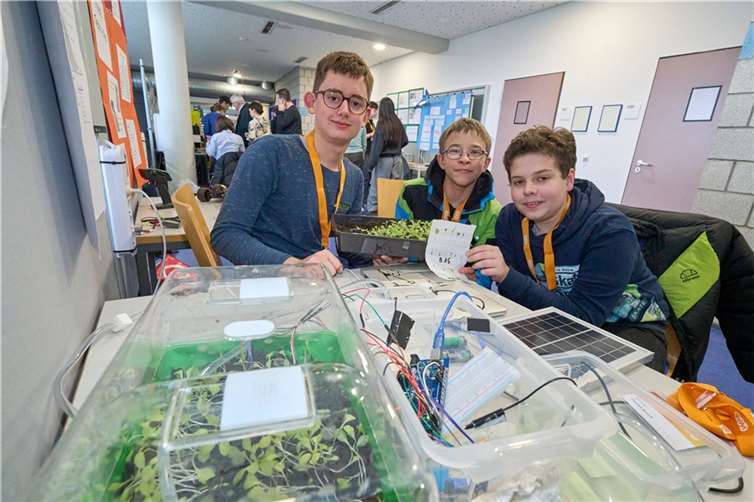 Enjo Westphal (von links), Gero Hanrath und Thorben Weinhold präsentierten ihre Balkonaufzuchtstation.