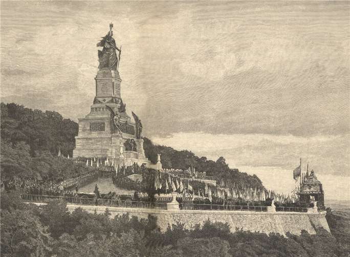 Enthüllung des Nationaldenkmals (heute fälschlich „Niederwalddenkmal“ genannt) über Rüdesheim am 28. September 1883 in Anwesenheit Kaiser Wilhelms I. Foto: Alexander Thon