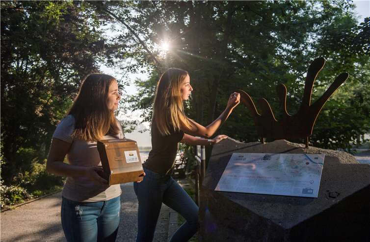 Entlang der Laachus-Route informieren attraktive Info-Tafeln die Besucher. Die Kreide aus dem Laachus-Koffer dient der „Verewigung“ auf der Logo-Krone – bis zum nächsten Regen, doch für ein Selfie reicht es in jedem Fall. Region Laacher See, Kappest