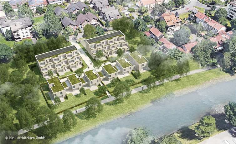 Entstehen werden zwei südausgerichtete Mehrfamilienhäuser mit jeweils acht Wohnungen und insgesamt rund 1.400 Quadratmetern Wohnfläche. Hinzu kommen sechs zweigeschossige Einfamilienhäuser, ausgebildet als Kettenhäuser.Copyright: hks architekten GmbH