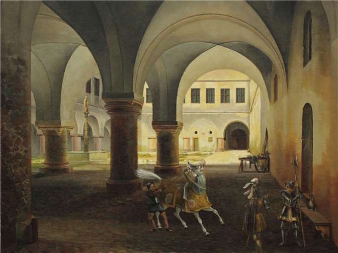 Ernst Verflassen, Innenhof einer Burg mit Reiter und Soldaten in Rüstung.Fotos: privat