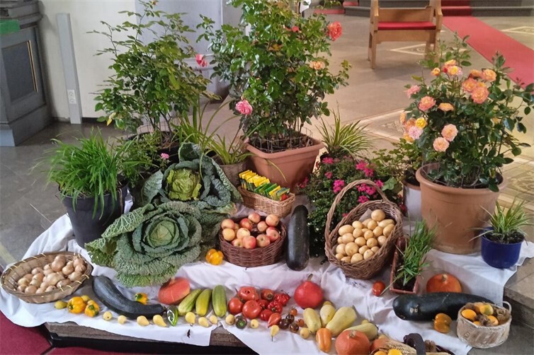 Erntedankgaben vor dem Altar