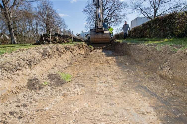 Erste Abgrabungen für den Hochwasserwall in der Meckenheimer Swistbachaue beim Baubeginn.