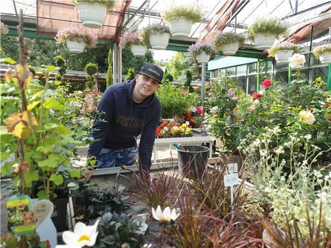 Erste Schritte hin zum Budget für Arbeit: Ein Viweca-Teilnehmer reinigt die Verkaufsflächen in einem Westerburger Gartencenter, damit die Pflanzen ansprechend präsentiert werden. Foto: Dagmar Theis