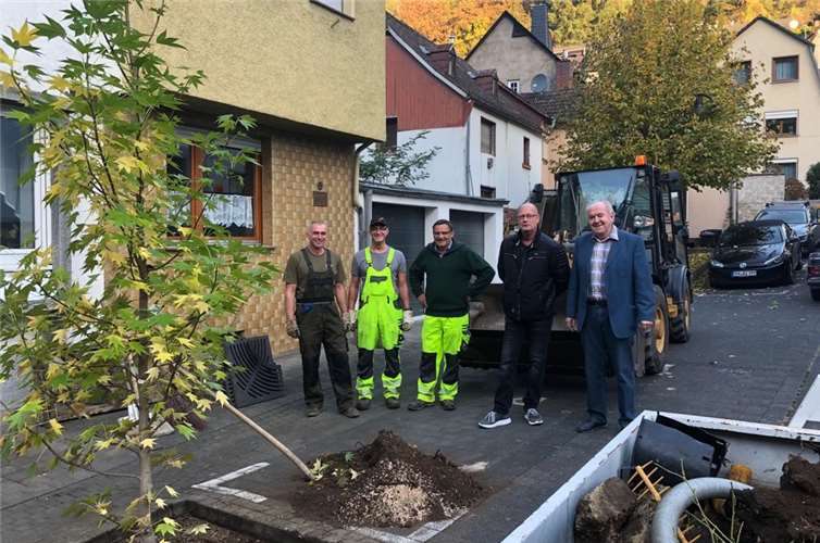 Erster Beigeordneter Bernhard Wiemer, Uwe Hahn, Paul Düyster, Heribert Duckwitz und Michael Schneider (v.r.n.l.) freuen sich über einen neuen Baum in der Brunnengasse. Foto: privat