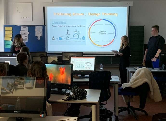 Es wurden in der betrieblichen Praxis angewandte Methoden der Ideenfindung, wie Scrum oder Design Thinking kurz vorgestellt.Quelle: Dr. Zimmermannschen Wirtschaftsschule