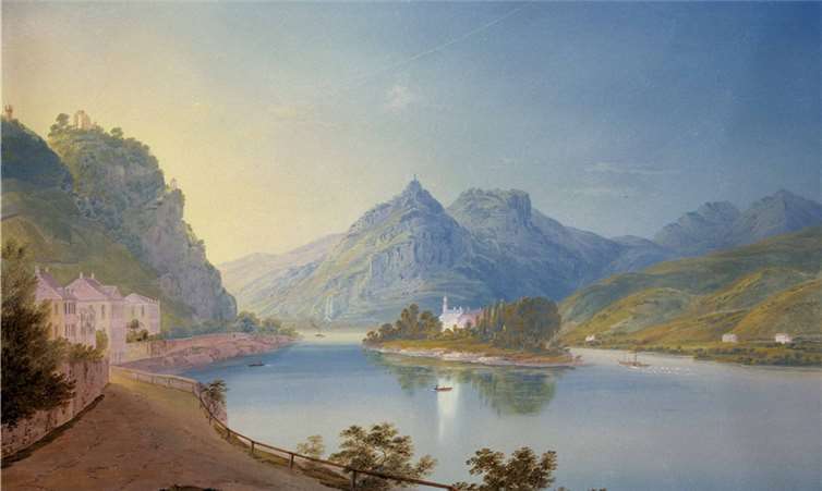 Eugene Isabey, Nonnenwerth, Rolandseck u. Siebengebirge, um 1840: Sehnsuchtsgefilde der Rheinromantik: Eugene Isabey malte um 1840 Nonnenwerth, Rolandseck und Siebengebirge.HG