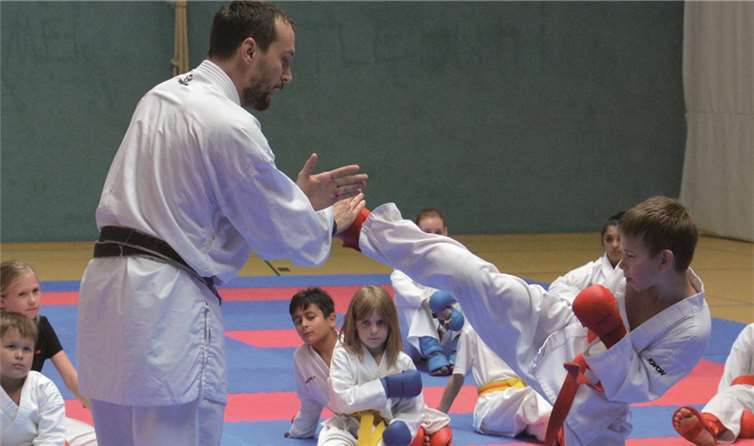 Europameister Nika Tsurtsumia erklärt eine Technik.privat