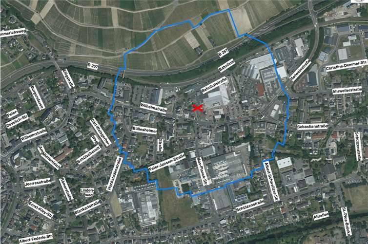 Evakuierungsgebiet rund um den Fundort der Bombe. Quelle: Stadtverwaltung Bad Neuenahr-Ahrweiler