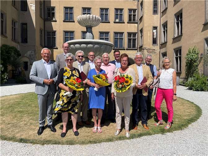 Ewald Schneider (mittlere Reihe von links), Johann Wallner und Bernd Franzmann sind die neuen Träger der Landes-Ehrennadel. Landrat Achim Hallerbach (links) steckte sie ihnen an.