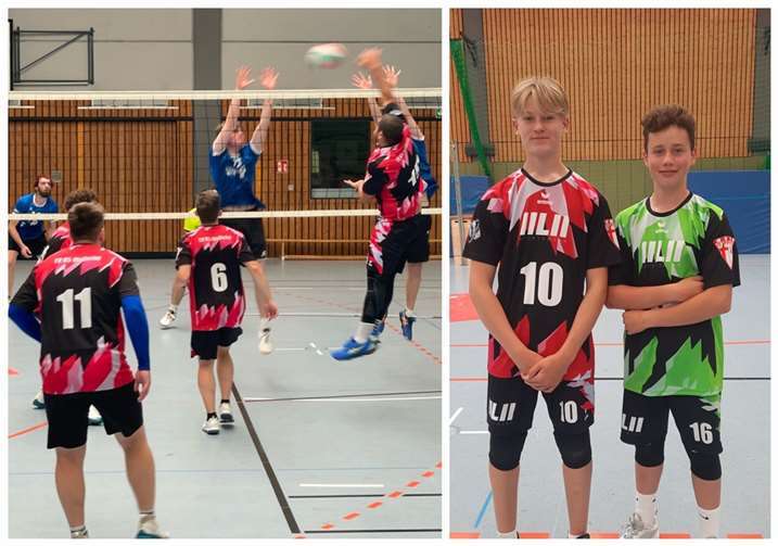 F. Freund erzielt einen Punkt mit einem starken Angriff; rechts die Newcommer D. Nestmann und N. Drude. Quelle: TV Mülheim Volleyball