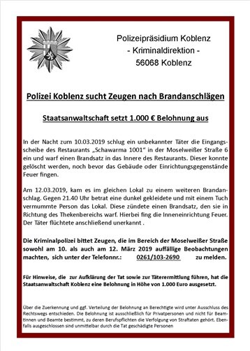 Fahndungsplakat der Polizei. Quelle: Polizeipräsidium Koblenz