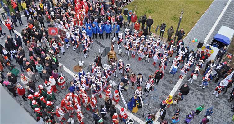 Farbenfroh und siegessicher: die Karnevalisten vor dem Meckenheimer Rathaus.