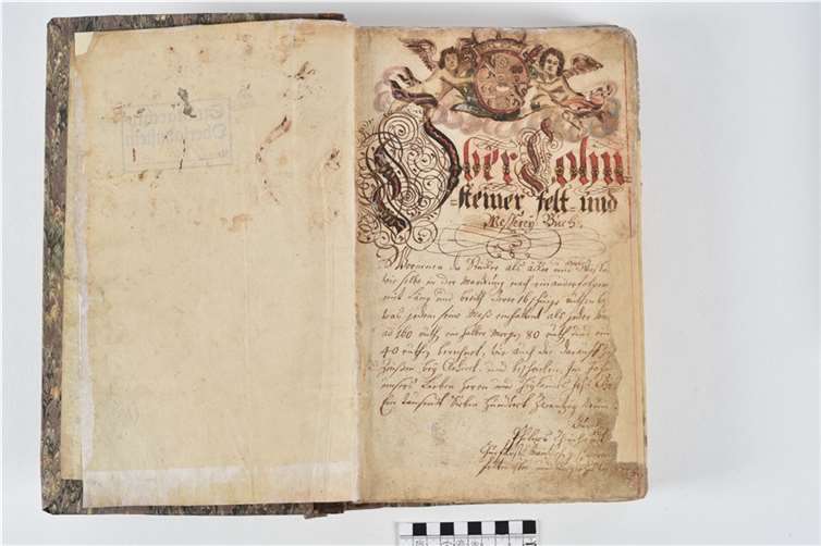 Fehlstellenergänzung beim „Oberlahnsteiner Felt- und Messerey-Buch“.  Foto: Ricarda Holly