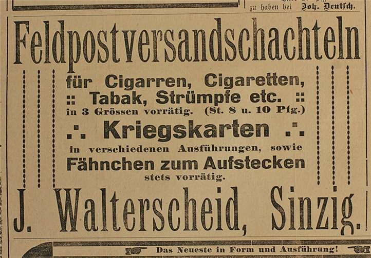 Feldpostversandkarten waren damals sehr begehrt. Zigarren, Tabak, Strümpfe - bei J. Walterscheid in Sinzig waren sie vorrätig.