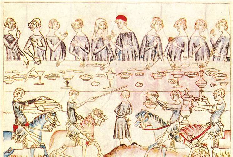 Festmahl zu Ehren von Erzbischof Balduin von Trier (mit roter Kopfbedeckung) mit reitenden Dienern – kolorierte Zeichnung, um 1340. Alexander Thon M.A., Lahnstein