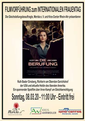 Filmplakat zum Frauentag 2020: Richterin Ruth Bader Ginsburg kämpft für Gleichberechtigung.Quelle: Kreisverwaltung Ahrweiler