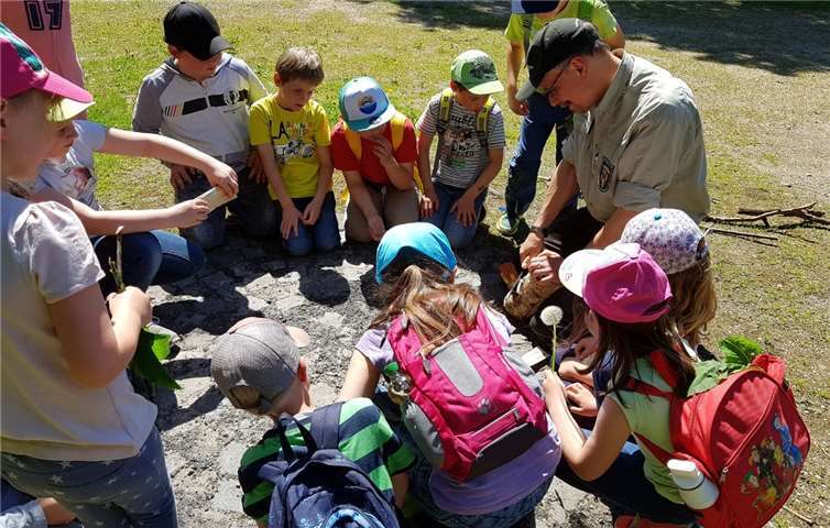Förster Jens Willen zeigte den Kindern, wie er Feuer macht. privat