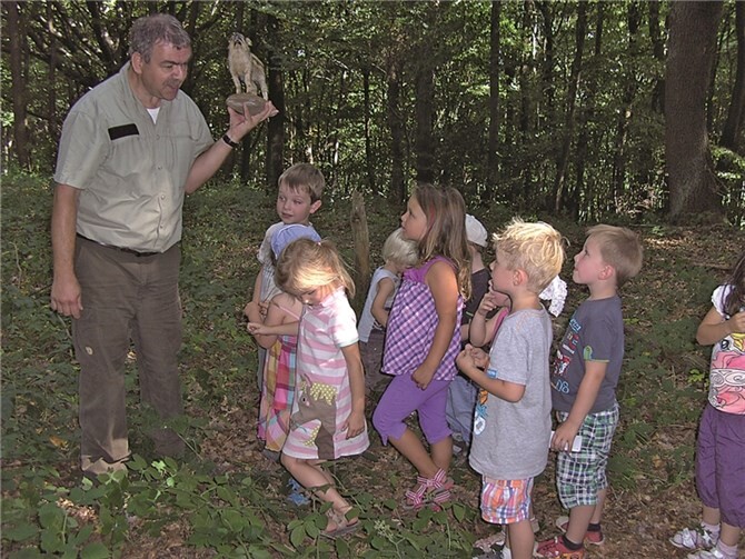 Förster Steinebach erklärt den Regenbogenkindern die Geheimnisse des Waldes.privat