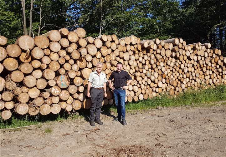 Forstamtmann Gerhard Klees (l.) führte Landtagsabgeordneten Benedikt Oster durch den Ulmener Wald. Dabei ging es auch um die Einflüsse des Klimawandels auf die Forstwirtschaft. Lothar Friedrich