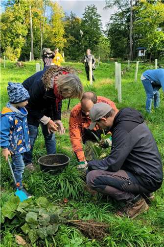 Forstwirtschaftsmeister Sebastian Schmidt (in Orange) unterstützte beim Pflanzen.  Quelle: Stadt Bendorf