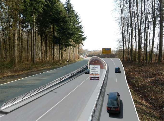 Fotomontage der BI „Zukunft für Straßenhaus“ e.V.: Tunneleinfahrt mit seitlichen Rampen. BI „Zukunft für Straßenhaus“ e.V.