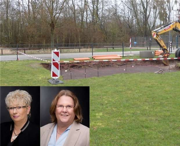 Fraktionsvorsitzende Marion Lipinski-Naumann, Marion Mühlbauer (Sprecherin für Tourismus) sowie die Baustelle am Werk Bleidenberg.Quelle: SPD-Stadtratsfraktion