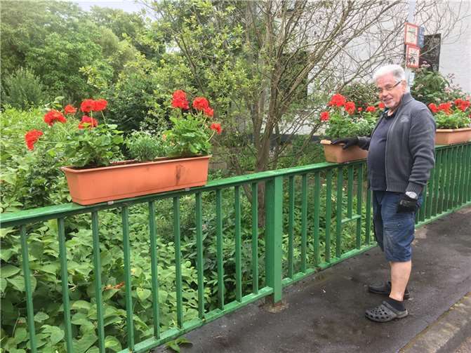 Franz-Josef Döpgen erneuerte den Blumenschmuck „An de Baach Bröck“. Fotos: Brohler Kulturverein