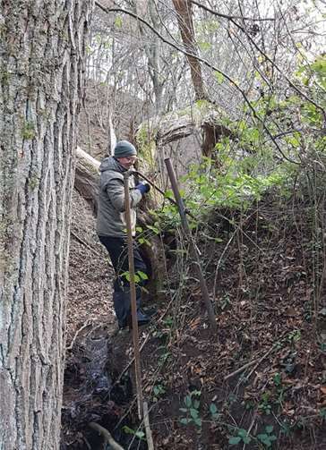 Freiwillige NABU Helfer an einer steilen Böschung.