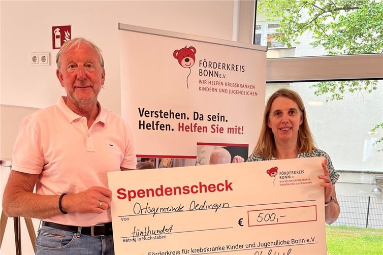 Freude bei der Spendenübergabe. Olaf Wulf, Ortsvorsteher Oedingen & Ulrike Zoellner, Förderkreis Bonn e.V.