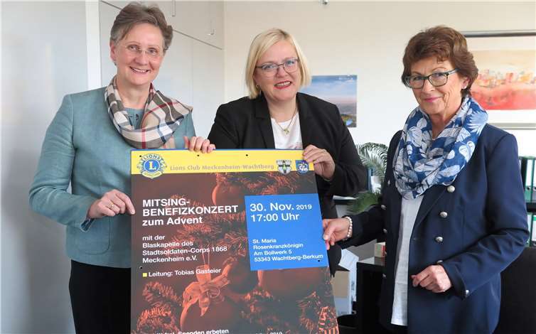 Freuen sich auf das Lions-Benefizkonzert: (v.r.) Bürgermeisterin Renate Offergeld, Lions-Präsidentin Rula Strehl und Vizepräsidentin Dr. Angelika Wurm.Foto: Gemeinde Wachtberg/mm