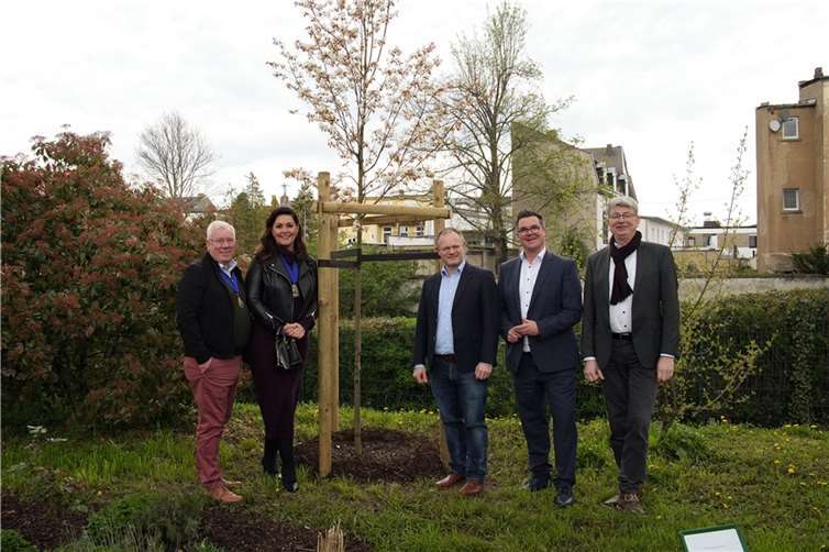 Freuen sich über den neugepflanzten Baum als Zeichen der Freundschaft zwischen Neuwied und Bromley: v.li. Colin Hitchins, Hannah Gray, Jan Einig, Peter Jung und Ralf Seemann.  Foto: Stadt Neuwied/Schöneberg