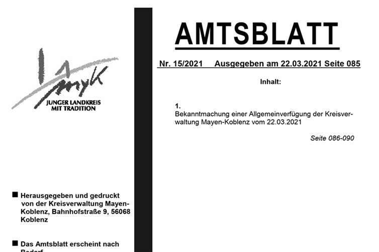 Frontansicht der Bekanntmachung. Quelle: Landkreis Mayen-Koblenz