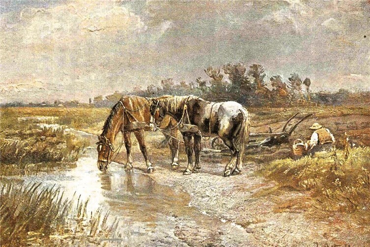 „Frühstückspause bei der Feldarbeit“ – Ansichtskarte nach Vorlage eines Gemäldes der Johanna Astudin-Meineke.