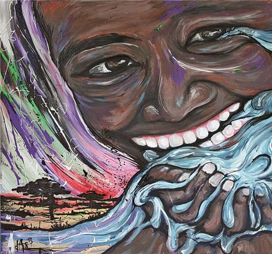 Für eine gerechte Verteilung von Wasser plädiert dieses Bild mit einem jungen Afrikaner und Savannenlandschaft.