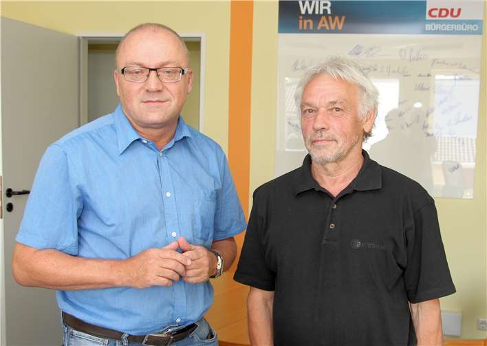 „Für einen Bürgerentscheid in der Gemeinde Grafschaft: CDU-Parteivorsitzender Michael Schneider (l.) und CDU-Fraktionsvorsitzender Klaus Huse“.  CDU Grafschaft