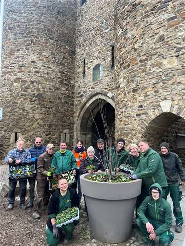 Gärtnerinnen und Gärtner aus Erfurt und Düsseldorf spendeten Pflanzen und brachten sie an die Ahr. Gemeinsam wurden die XXL-Kübel für den kommenden Frühling bunt bepflanzt und symbolisieren nun wieder Hoffnung und Zuversicht in voller Farbenpracht. Foto: Stadtverwaltung Bad Neuenahr-Ahrweiler/Betriebshof.