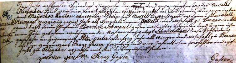 Geburtsurkunde Samuel Heymann, Dernau, aus dem Jahre 1814. Quelle: Archiv Altenahr