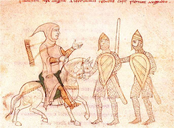 Gefangennahme des als Pilger gekleideten König Richards I. „Löwenherz“ von England durch zwei österreichische Ritter am 21. Dezember 1192 (zeitgenössische Federzeichnung).