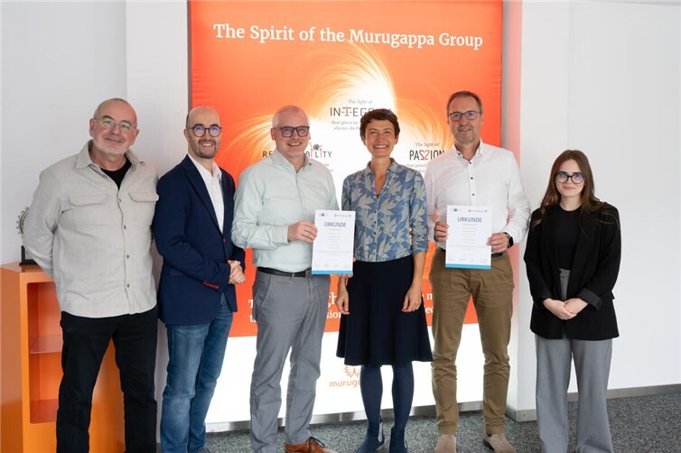 Gemeinsam für eine starke Berufsorientierung (v. l.): Karlheinz Bolz, Tino Hackenbruch, Timo Djelassi, Andrea Stenz, Jürgen Neubert und Sina Ilius da Rocha freuen sich über die neue Schulpatenschaft zwischen der Realschule plus Niederzissen und Rhodius Abrasives.Foto: Christian Wagner (Rhodius Abrasives)