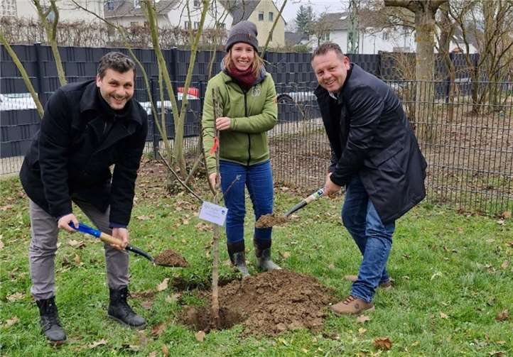 Gemeinsam mit Hannah Babel, Projektmitarbeiterin der SDW, der Leitung der Kita Daniel Odenwald (l.) und dem Beigeordneten der Stadt Sinzig Alexander Albrecht (r.) wurde der Apfelbaum auf dem Gelände der Kita gepflanzt.  Foto: Stadtverwaltung Sinzig
