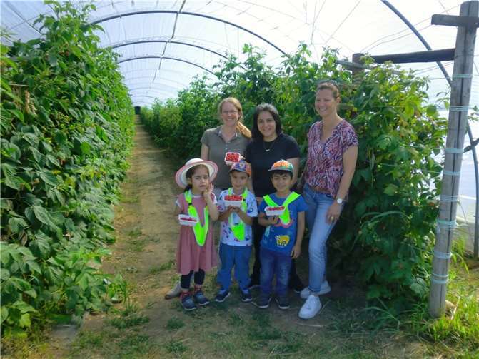 Gemeinsam mit ihrer Erzieherin Duygu Ulas (hinten Mitte) besuchten die Kinder der Kita Konfetti ein Himbeerfeld. Foto: Stadt Meckenheim
