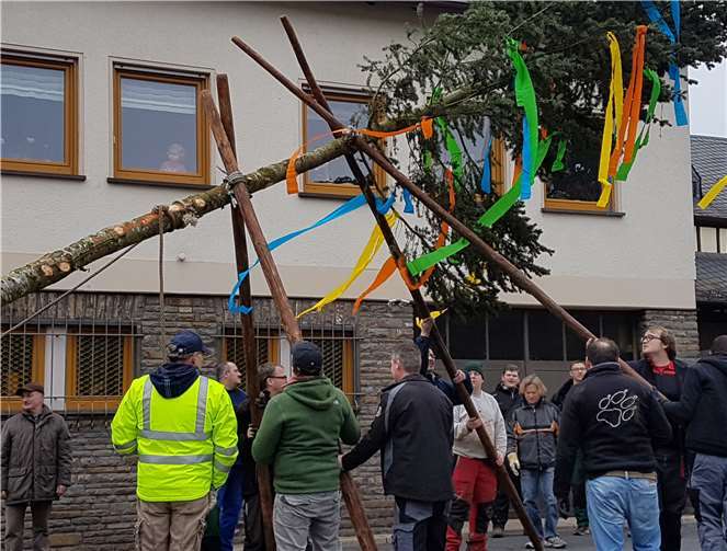 Gemeinsam wird der Kirmesbaum auf dem Razejungeplatz aufgestellt.privat