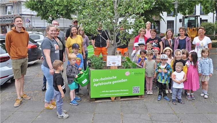 Gemeinsame Pflege: Die Kinder und Erziehenden der Kita „Löwenzahn“ kümmern sich mit den städtischen Mitarbeitenden um das Obst und Gemüse in den bepflanzten Obstkisten in Merl.  Foto: Stadt Meckenheim
