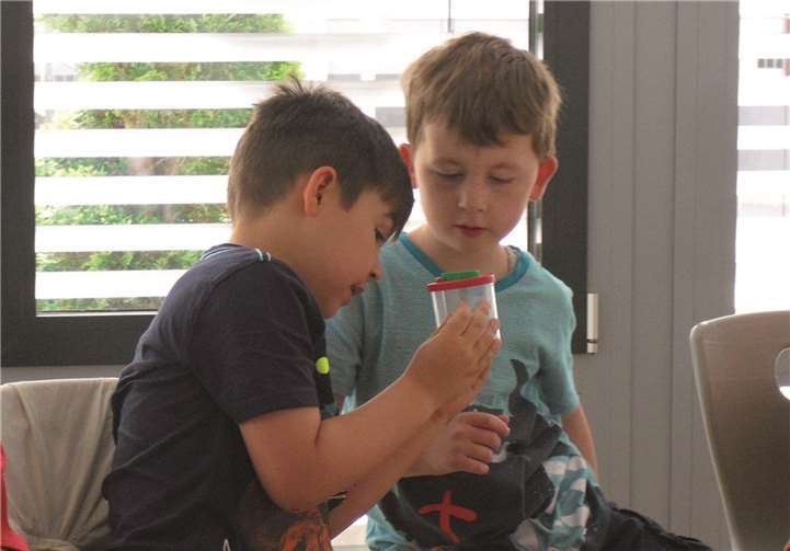 Gespannt beobachteten die Kinder die Raupen durch die Becherlupe. privat