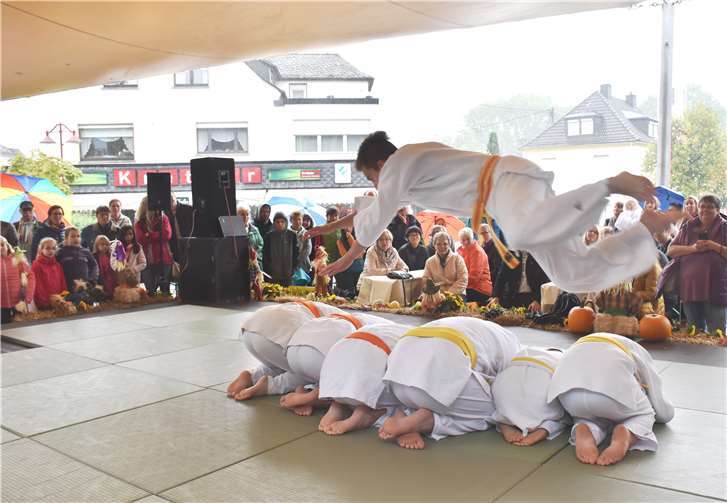 Gewagte Sprünge zeigten die HachenburgerJudokas unter dem Sonnensegel, welches den starken Regen abhielt.
